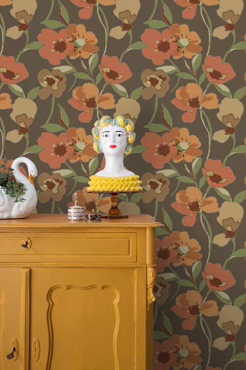 ESTAhome behang bloemen oranje en vergrijsd groen - 50 x 900 cm - 130990 - vtwonen shop