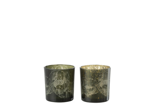 J-Line windlicht Bloemen - glas - kaki groen - small - 2 stuks