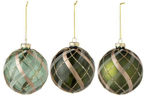 J-Line Kerstbal met ruitmotief - glas - groen/goud - large - assortiment van 3