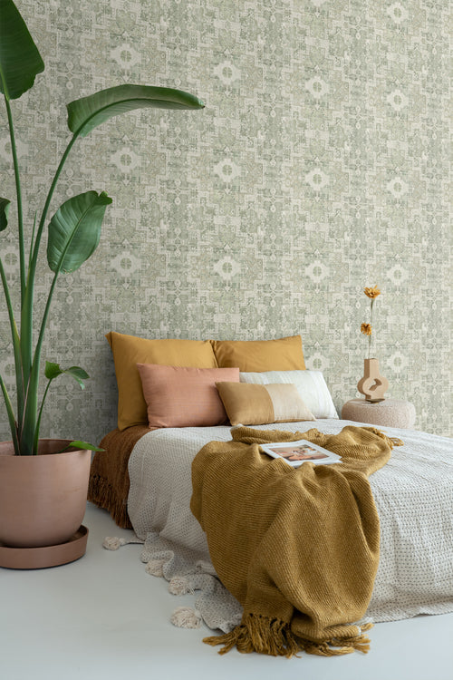 ESTAhome behang oosters kelim tapijt vergrijsd groen - 50 x 900 cm - 131358 - vtwonen shop