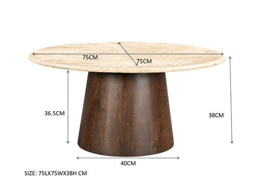 Livingfurn salontafel Valentino - Round 75cm - mangohout/travertin