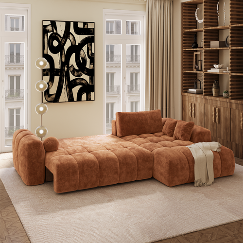 Premium Interiors - Rechthoekige hoekbank met slaapfunctie en opbergruimte SKY - gewaafd fluweel terracotta 310cm