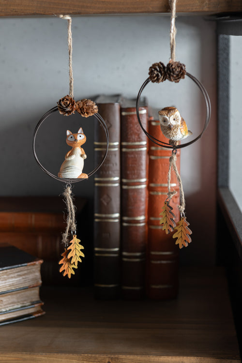 J-Line hanger cirkel vos/uil/eekhoorn - metaal/hout - bruin/oranje - 3 stuks