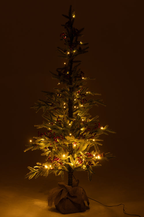J-Line decoratie kerstboom Sneeuw + Zak - kunststof/jute - groen/rood - large - LED lichtjes