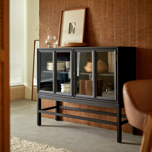 Tikamoon Vitrinebuffet met glas op poten van mindihout 120 cm - Zwart