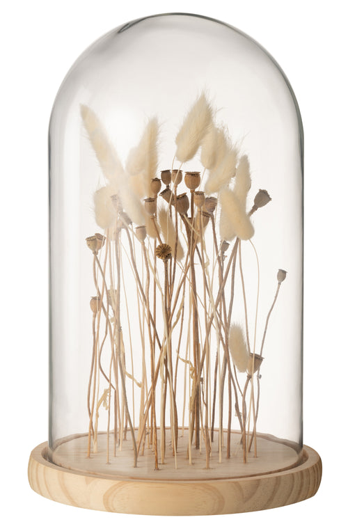 J-Line Decoratieve stolp Droogbloemen - glas/hout - ecru/bruin - large