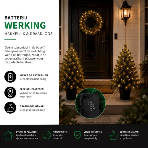 Black Box Trees Nagoya Kerstboom en Kerstkrans Set - 2 Kunstkerstbomen en 1 Krans met LED Verlichting - H90 x Ø45 cm - Groen