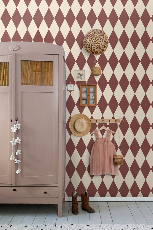 ESTAhome behang ruiten donker paars en beige - 50 x 900 cm - 131918