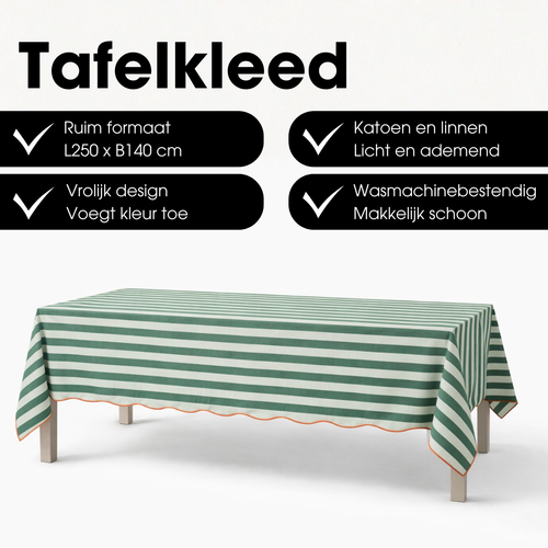 Mica Decorations Gestreept Tafelkleed voor Eettafel - Tafellaken voor Binnen en Buiten 250 x 140 cm - Tafelzeil 100% Katoen - Groen