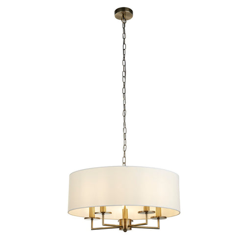 Searchlight Knightsbridge Hanglamp met 5 lampen, antiek messing en witte linnen kap