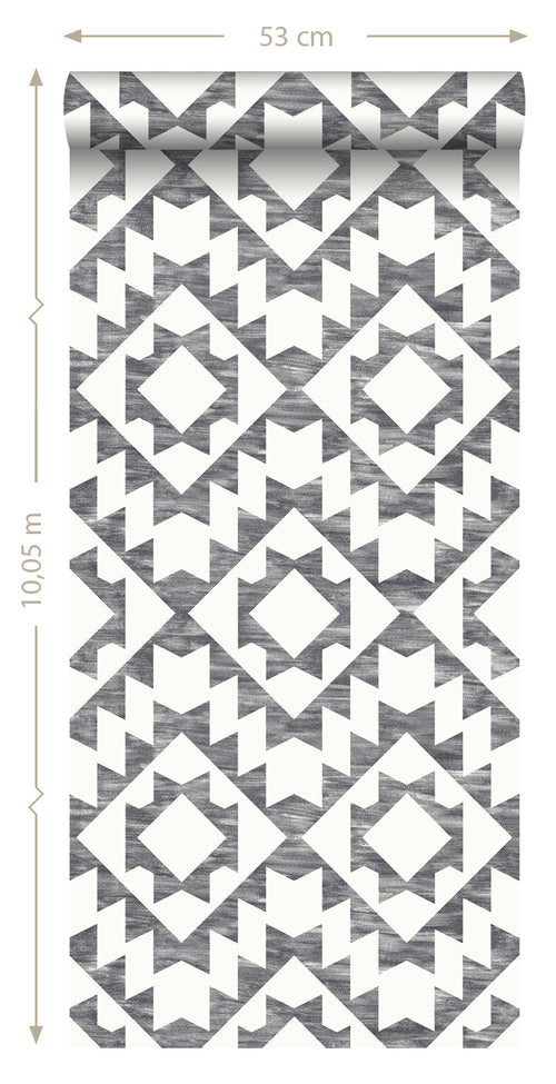 ESTAhome behang Marrakech aztec tapijt zwart en mat wit - 53 cm x 10.05 m - 148677