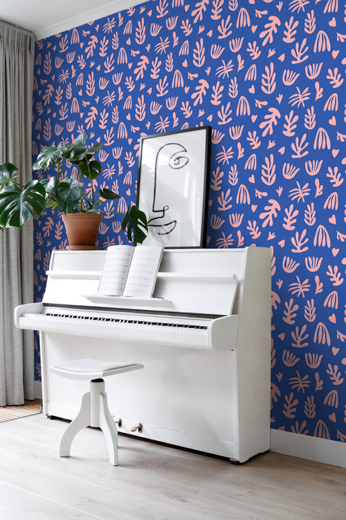 ESTAhome behang planten in Matisse stijl blauw en roze - 50 x 900 cm - 131022 - vtwonen shop