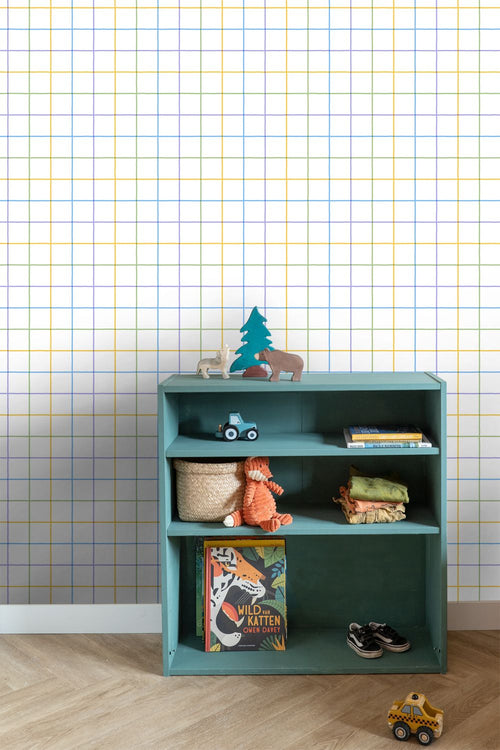 ESTAhome behang geblokt motief geel, groen, paars en blauw - 50 x 900 cm - 132053
