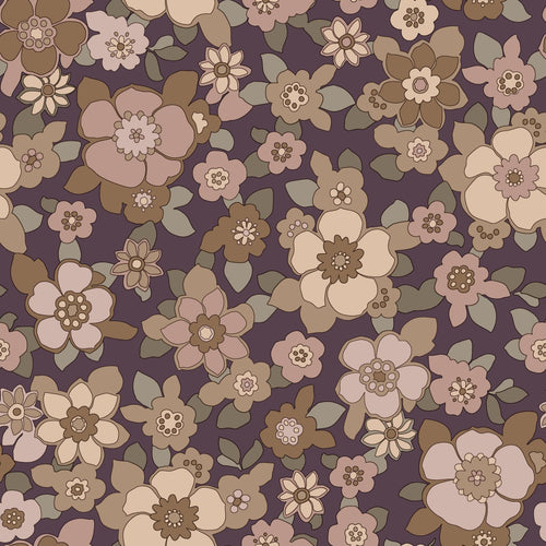 ESTAhome behang retro bloemen donker paars en beige - 50 x 900 cm - 131529 - vtwonen shop