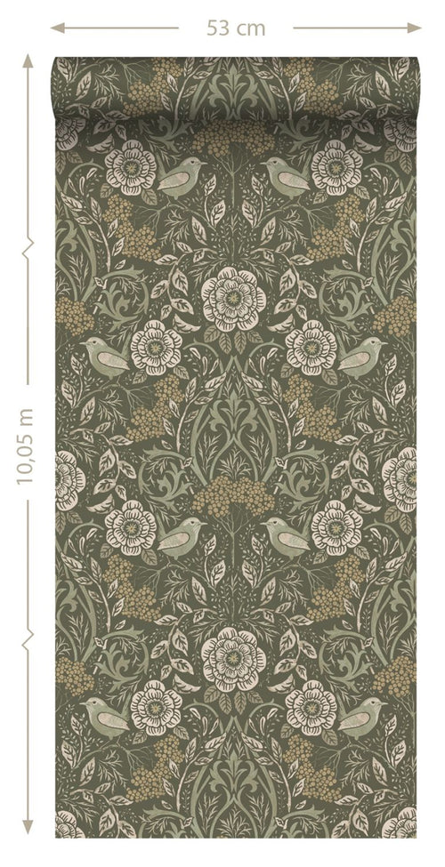ESTAhome behang bloemen en vogels donkergroen - 53 cm x 10.05 m - 139831