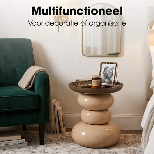 Mica Decorations Zita Bijzettafel - Bijzettafeltje Rond - Woonkamer Decoratie - 42 x 37 cm - IJzer, MDF, Fluweel - Bruin Creme