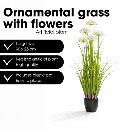 Mica Decorations Engelwortel – Kunstgras in Pot – Realistische Nepplant Woondecoratie – Kunstplanten voor Binnen en Buiten – H90 x Ø25 cm – Groen, Wit