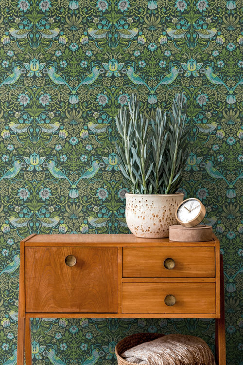 Livingwalls behang bloemen en vogels in art nouveau stijl groen en blauw - 53 cm x 10.05 m - AS-390561 - vtwonen shop