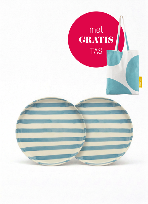 vtwonen -  Lunchbord - Strepen - Blauw - Set van 2 - Keramiek - 20cm