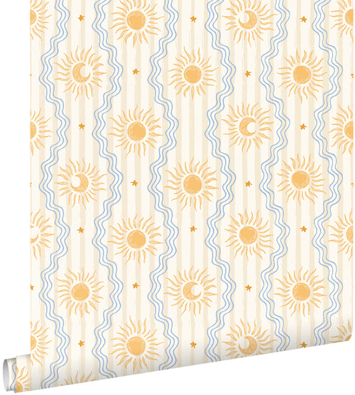 ESTAhome behang retro ornamenten beige, blauw en geel - 50 x 900 cm - 132017