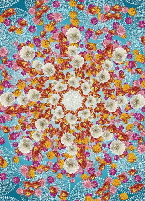 Sanders & Sanders fotobehang caleidoscope bloemen blauw, roze en geel - 184 x 254 cm - 612301
