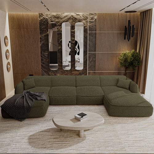 Sia Home - Panoramische banken LIVIA - Bouclette stof - Olijfgroen - 346cm - vtwonen shop