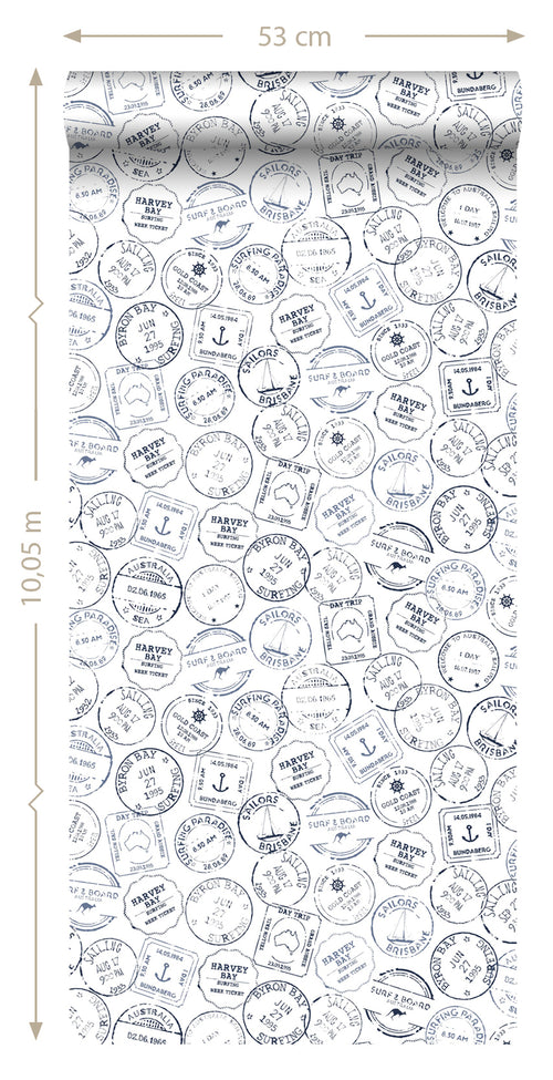 ESTAhome behang Australische stempels donkerblauw en wit - 53 cm x 10.05 m - 138980