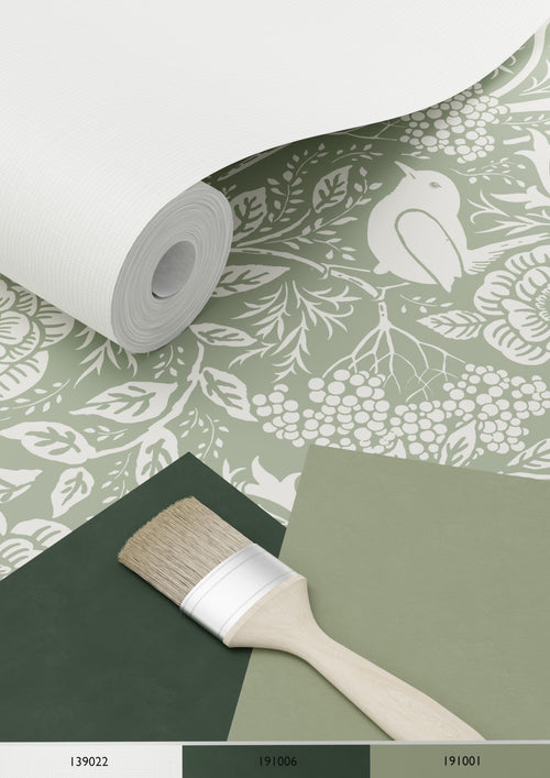 ESTAhome behang bloemen en vogels in art nouveau stijl vergrijsd groen - 53 cm x 10.05 m - 139293