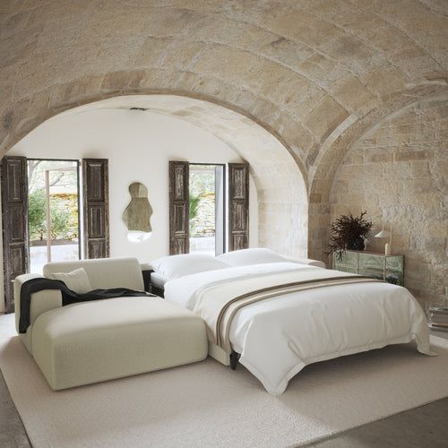 Sia Home - Hoekbank links, uitklapbaar MYRA - kruisweefsel beige 280cm