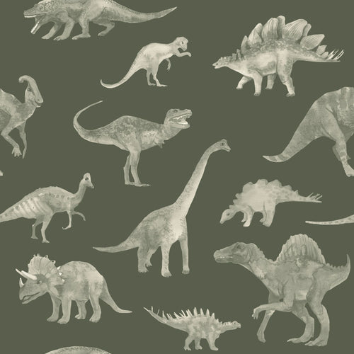 ESTAhome behang dinosaurussen olijfgroen - 50 x 900 cm - 131867