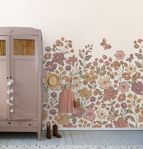 ESTAhome fotobehang bloemetjes mauve paars, vergrijsd groen en terracotta - 2.5 x 2.79 m - 159586