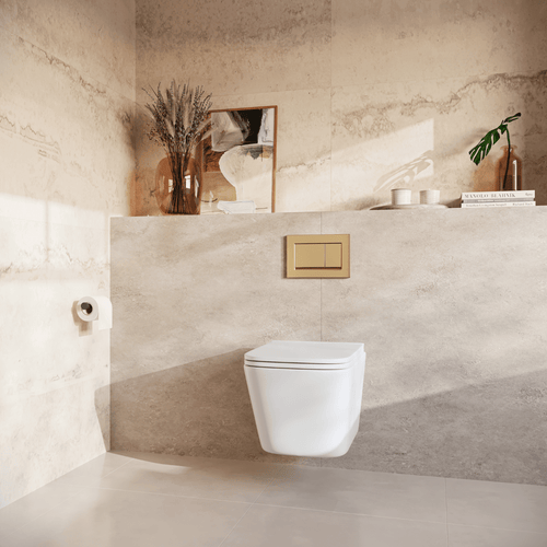LOMAZOO hangtoiletset Linea - met inbouwreservoir & vierkante drukplaat - vierkant - goud / wit