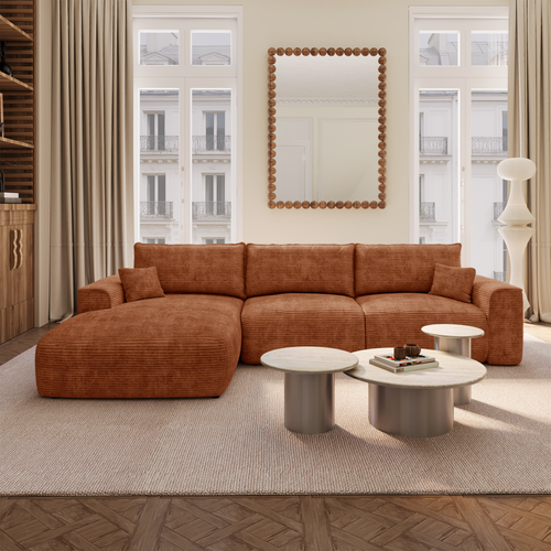 Premium Interiors - Linkerhoekbank met snelle uitklapfunctie COMO - corduroy terracotta 300cm