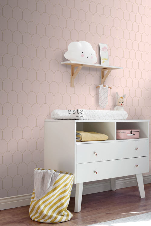 ESTAhome behang art deco motief zacht roze en goud - 53 cm x 10.05 m - 139201