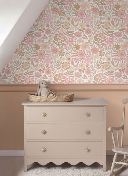 ESTAhome behang bloemetjes wit, beige en roze - 50 x 900 cm - 132288
