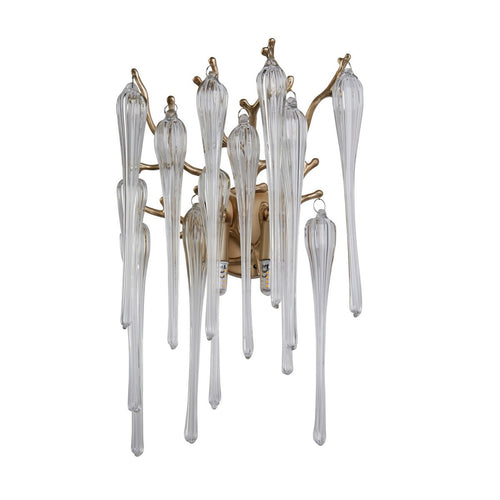 Searchlight Heritage 2-lichts wandlamp, goudkleurig metaal en heldere glazen druppels
