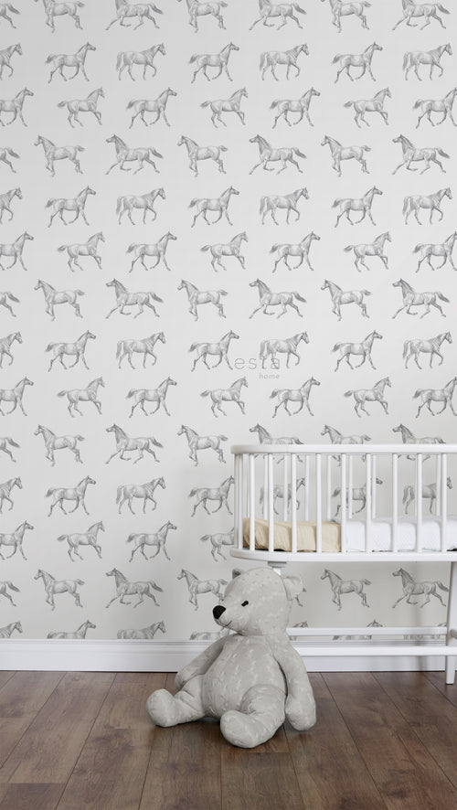 ESTAhome behang getekende paarden zwart op wit - 53 cm x 10.05 m - 128807