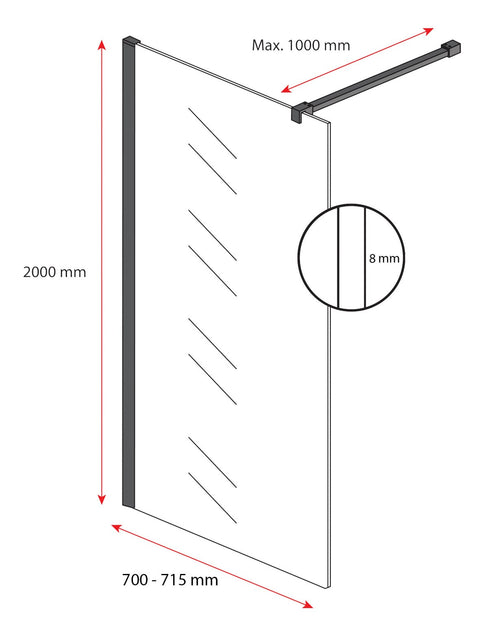 Badplaats Douchewand Florida 70 x 200 cm – Zwart – Inloopdouche 8 mm Veiligheidsglas