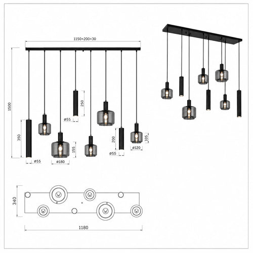 Trio Leuchten hanglamp Mataro - 8 lichts - 118  x 150   cm - zwart