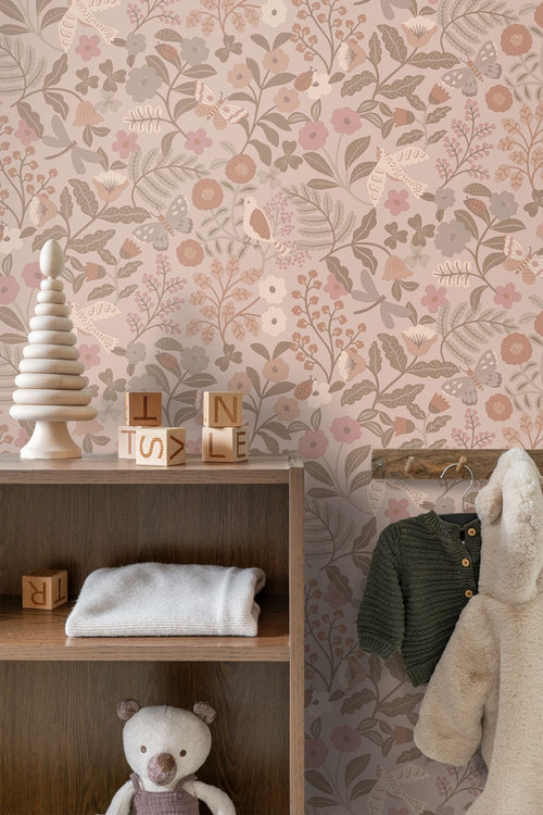 ESTAhome behang bloemen en vogels taupe en oudroze - 50 x 900 cm - 132232
