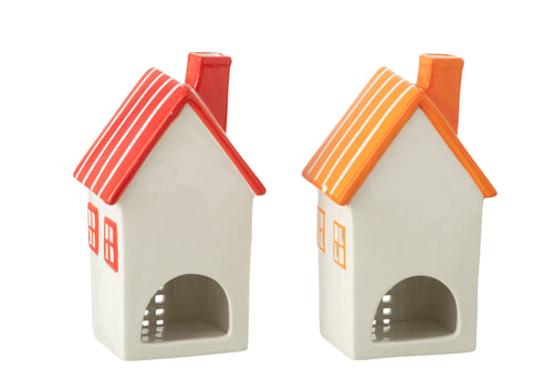 J-Line theelichthouder Huis Dolomiet - keramiek - oranje/rood - 2 st.