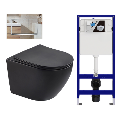 LOMAZOO hangtoiletset Linea - met inbouwreservoir & vierkante drukplaat - rond - chroom / zwart