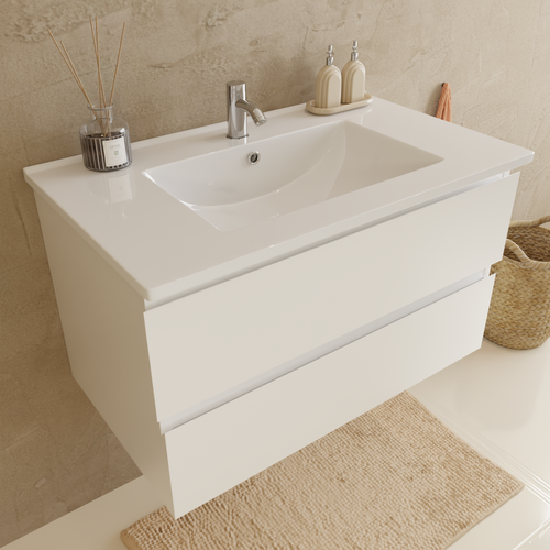 LOMAZOO badmeubelset Verona - met hoge kast & witte wastafel - glanzend wit - 80 cm
