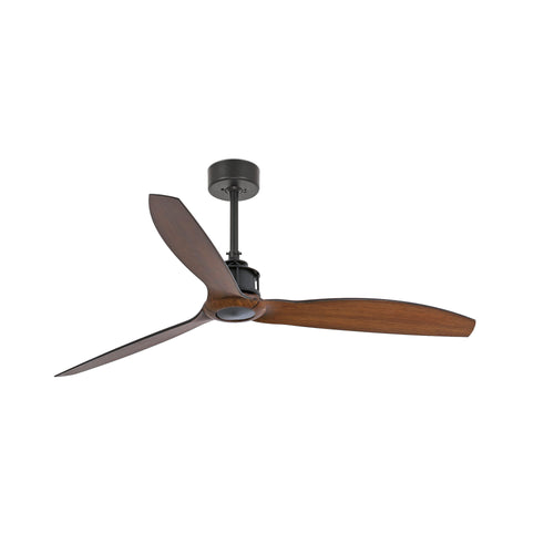 Faro Just  Slimme plafondventilator van slechts 128 cm, matzwart, met walnootkleurige bladen.