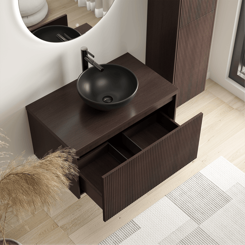 LOMAZOO badkamermeubel Messina - geribbeld - zwevend - opbouw - zwarte waskom - walnoot - 80 cm