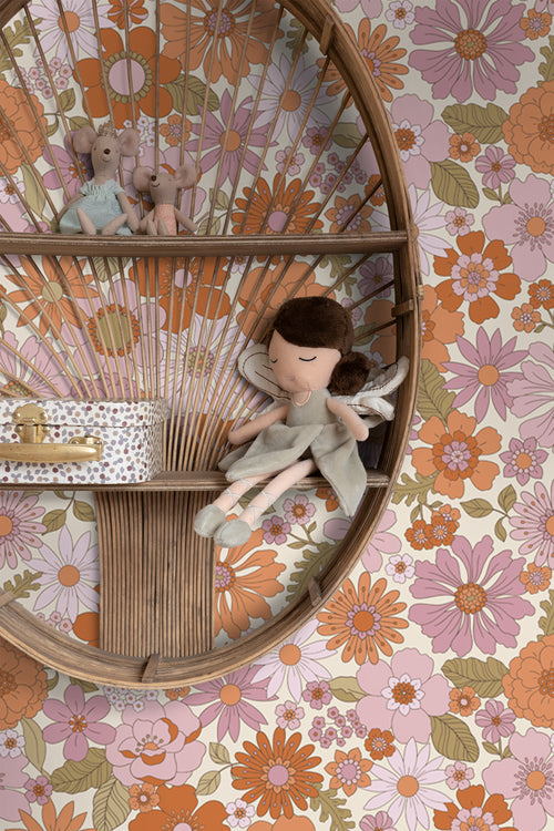 ESTAhome behang retro bloemen paars en oranje - 53 cm x 10.05 m - 130961 - vtwonen shop