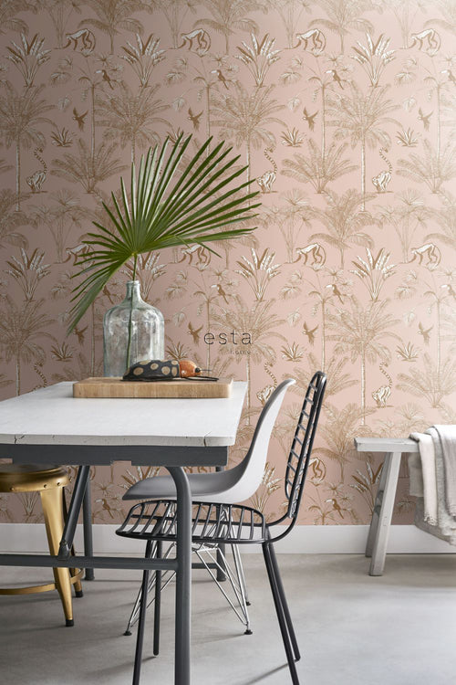 ESTAhome XXL behang jungle-motief perzik roze - 50 x 837 cm - 158943