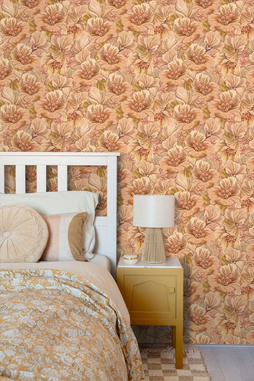 ESTAhome behang geborduurd bloemmotief lichtbruin, beige en geel - 50 x 900 cm - 131292