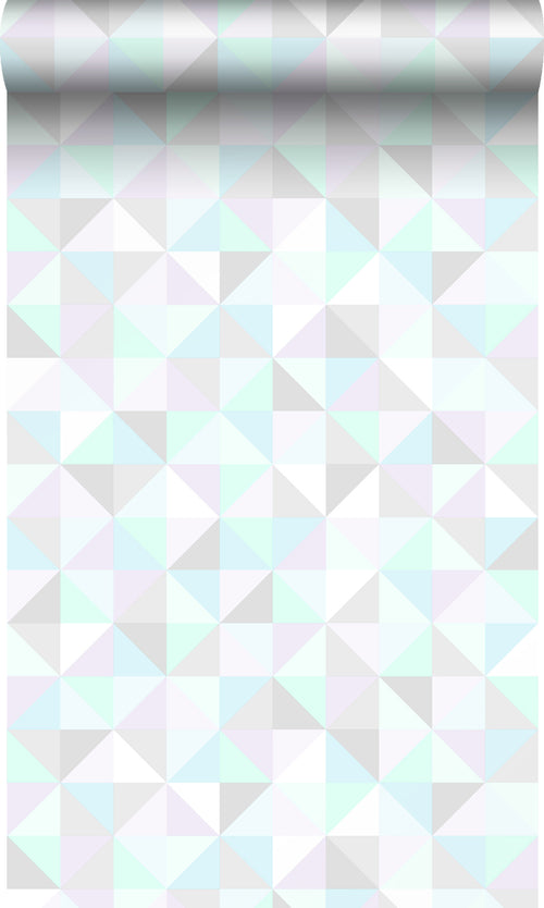 Origin Wallcoverings behang driehoekjes pastel paars, mintgroen, glanzend zilvergrijs en pastelblauw - 53 cm x 10.05 m - 337205 - vtwonen shop