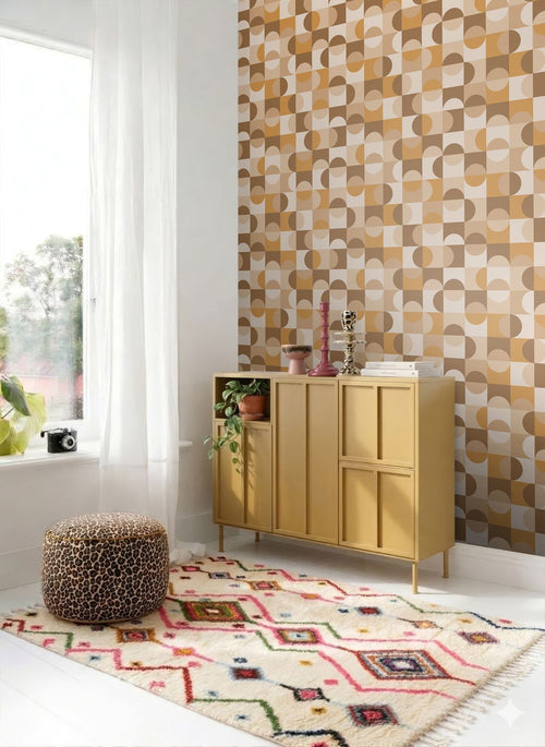ESTAhome behang cirkels in Bauhaus stijl bruin en okergeel - 50 x 900 cm - 132000